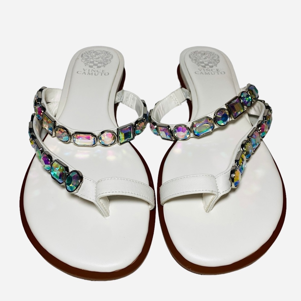 Vince Camuto Bejeweled Sandals Ambridil White Leathers shoes Toe Loop - Picture 2 of 10